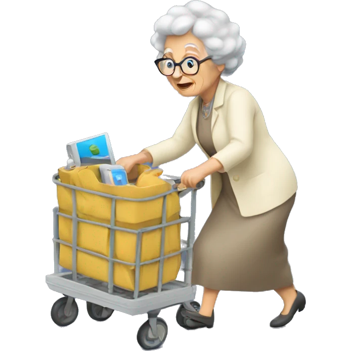Granny pushing a cart full of hight tech devices emoji