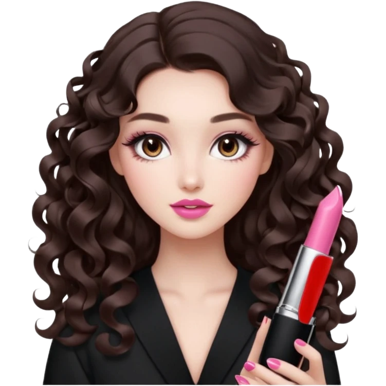 A girl with long dark brown hair styled in loose 36mm curls, beautiful round-almond eyes with long curled lashes in Douyin style. Her makeup is cool-tone neutral. She’s holding a pink lipstick similar to Rhode’s shade in one hand. emoji