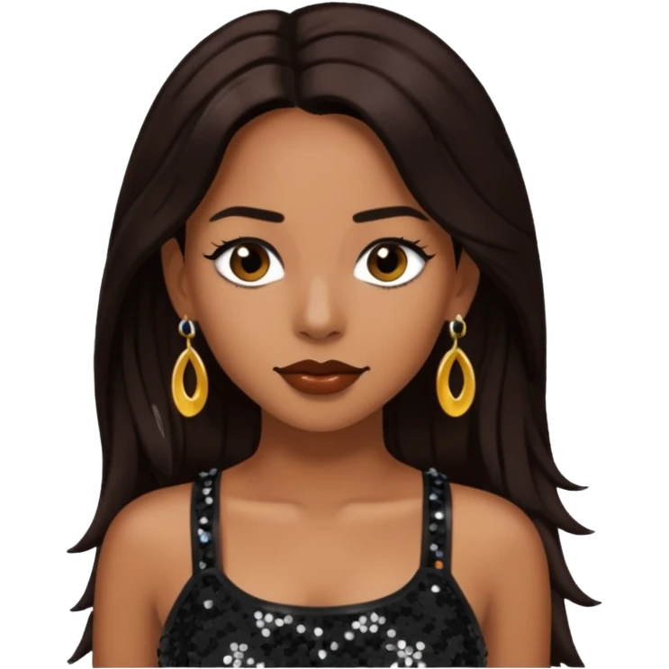Chilli from TLC with long dark brown hair, black sequin crop top, black earring emoji