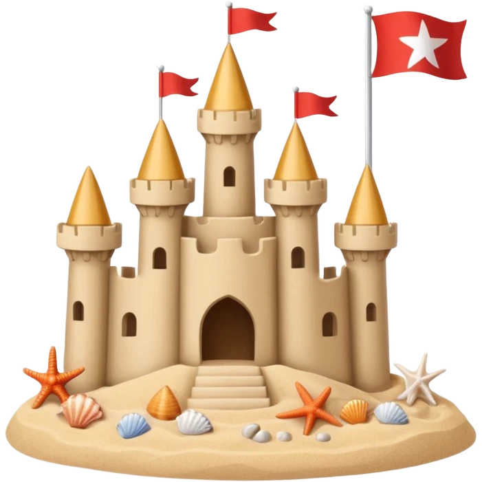 Decorated sand castle – seashells and a tiny flag on top emoji