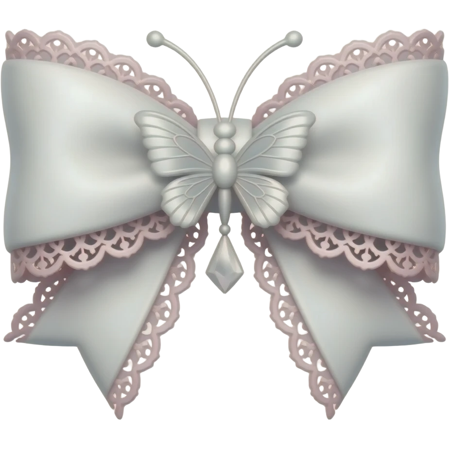 3D emoji gothic bow, white velvet, subtle gradient white filigree, subtle gradient pink lace trim, white gem, elegant butterfly emoji