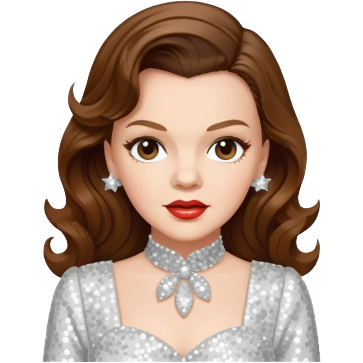 Judy Garland with long brown hair, white sequin outfit emoji