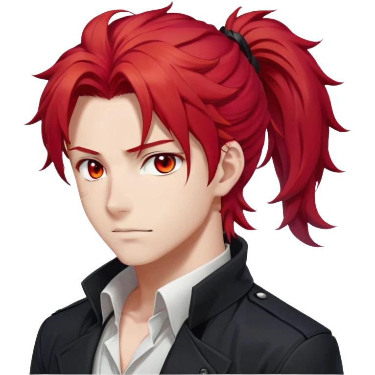 Handsome gorgeous anime man with bright-red hair, thick long messy wavy ponytail, red eyes, white shirt, black jacket, stone face, Diluc from Genshin Impact emoji