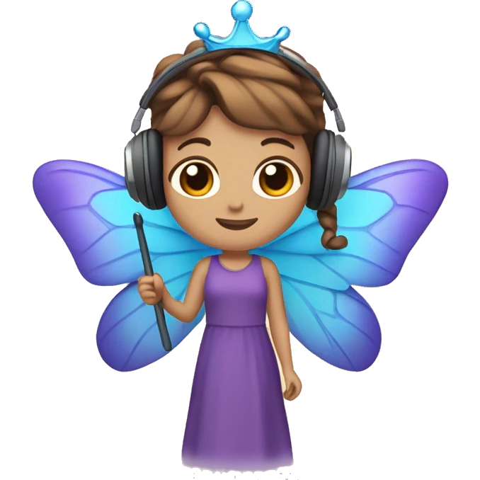 A character with brown hair, purple dress, blue butterfly wings, crown, headphones, and a wand emoji