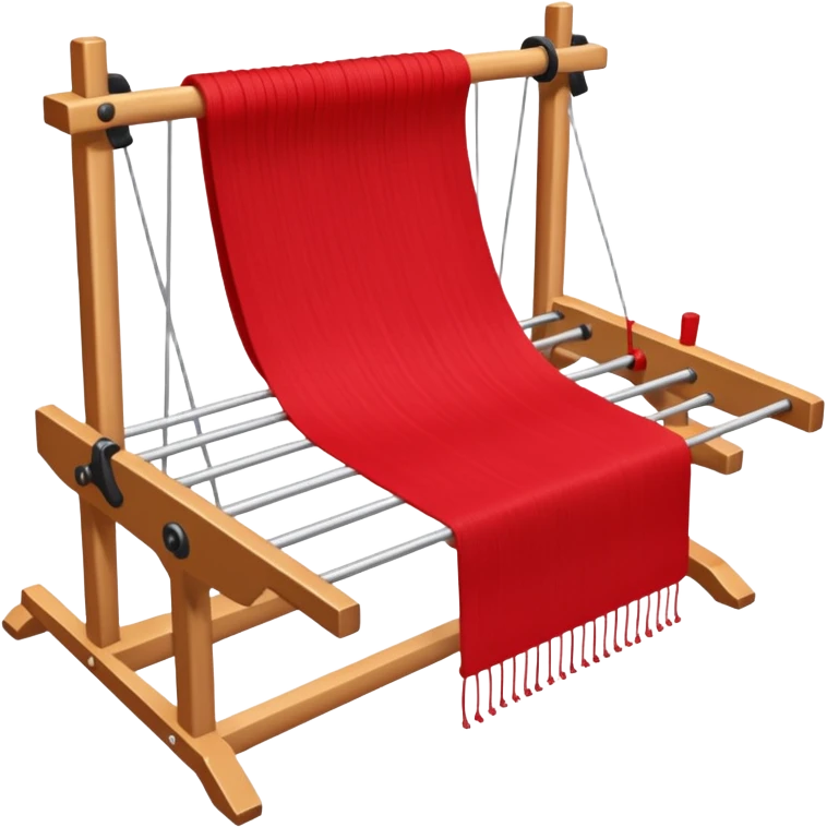 rigid heddle weaving loom set up for weaving a bright red scarf, with red yarn on a stick shuttle laying across the warp threads emoji