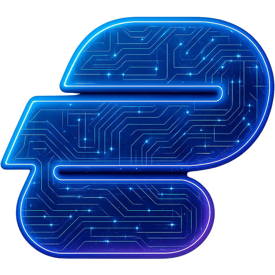 Transform the ExpressVPN logo into a cyberpunk, holographic style with glowing neon blue and pink edges, circuit patterns throughout the entire icon, and a transparent background. Maintain the recognizable ExpressVPN logo shape, overlaying neon and circuit effects in the same futuristic, clean style as previous cyberpunk icons. The whole icon should have a consistent cyberpunk glow and intricate circuit details. emoji