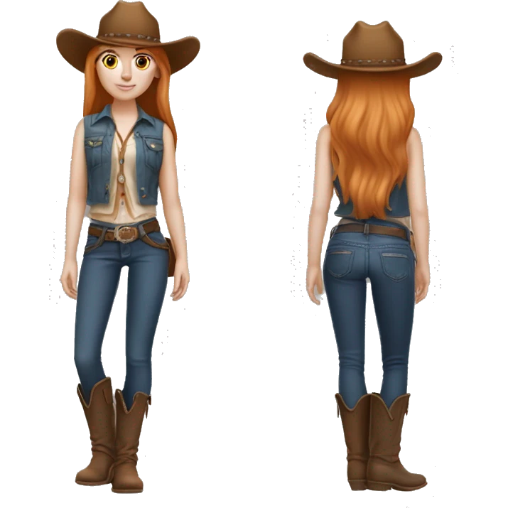 White skin, woman, feminine, 21 year old,straight hair , ginger coloured hair, beautiful, British, stylist, aesthetic, side and bangs, sensual looking, full body, complete body figure,slim, she’s wearing a cowboy outfit emoji