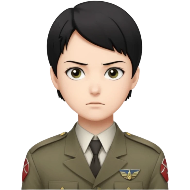 short black neat hair, sharp dark gray eyes, pale skin, serious expression, upright posture, minimal accessories, sharp and precise style. Levi Ackerman  emoji