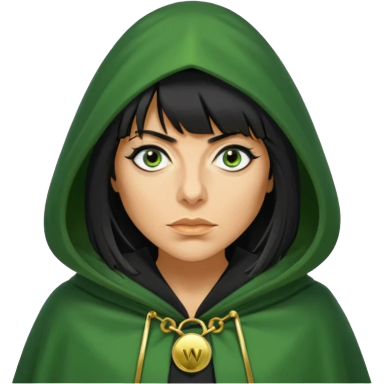 claudia winkleman with a heavy fringe and a fake tan as a traitor with a green hooded cloak with a gold clasp and dark black eyeliner emoji