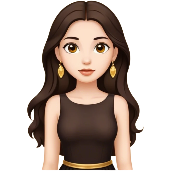 Beautiful woman,cute, long dark brown hair in dark dress with gold earrings emoji