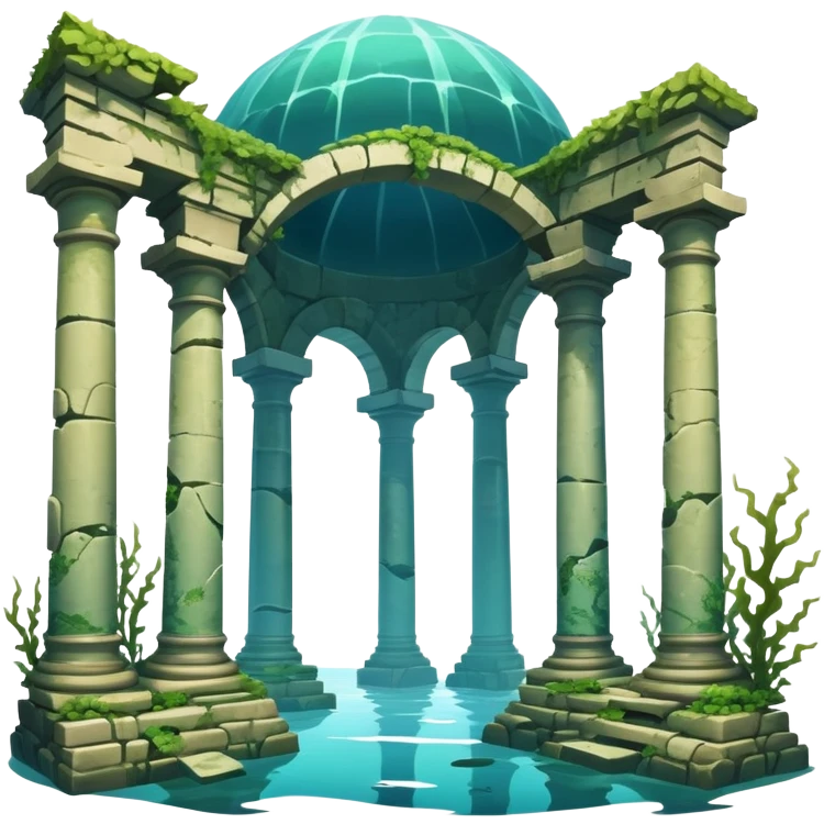 Simple Atlantis underwater ruins, fallen columns, broken domes, ancient stone structures, minimal details emoji