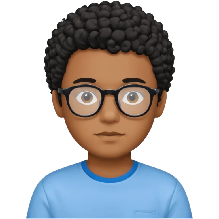 Menino moreno com cabelo curto cacheado preto, de óculos preto e blusa azul emoji