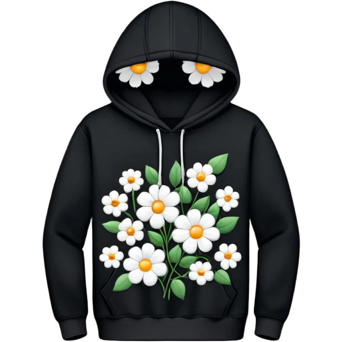black hoodie with white round flowers with holes in the middle emoji