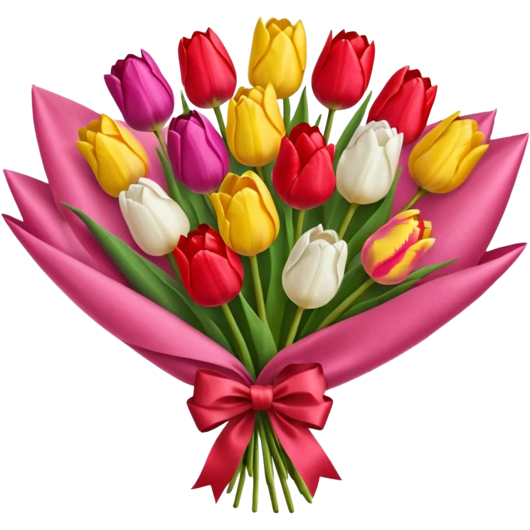 bouquet of many tulip with bow and yellow wrapping paper emoji
