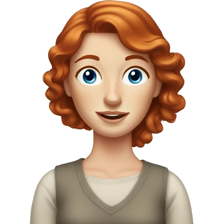Redhead lady in 30s with freckles at home with blue eyes emoji