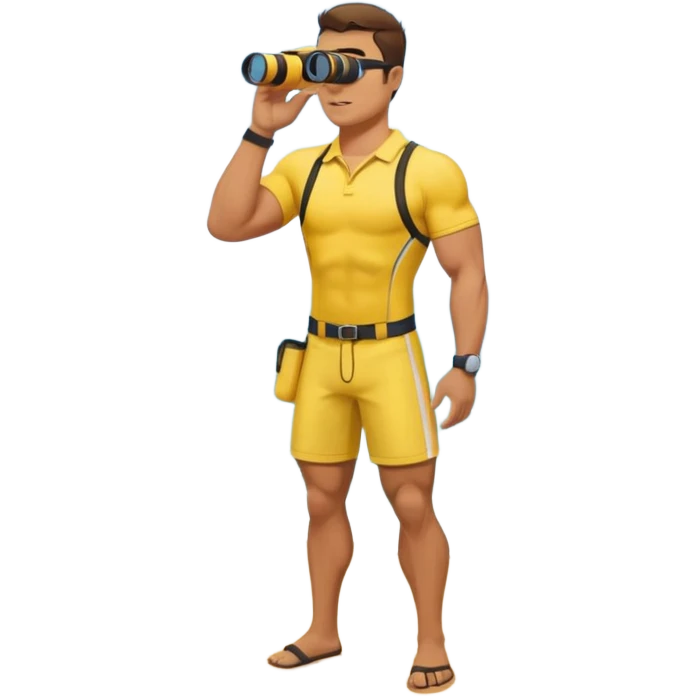Male lifeguard – yellow shirt, binoculars in hand, scanning the sea, full body emoji
