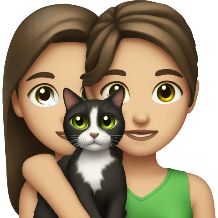 Brown hair and brown eyes girl holding black cat with green eyes emoji