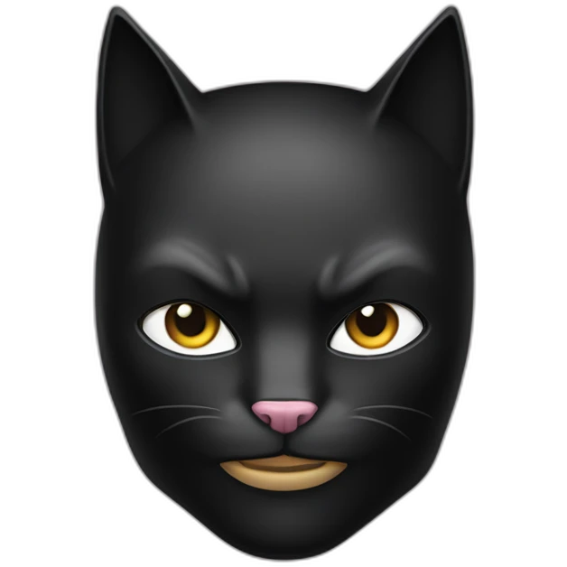 White and black cat wearing a full face black batman mask emoji