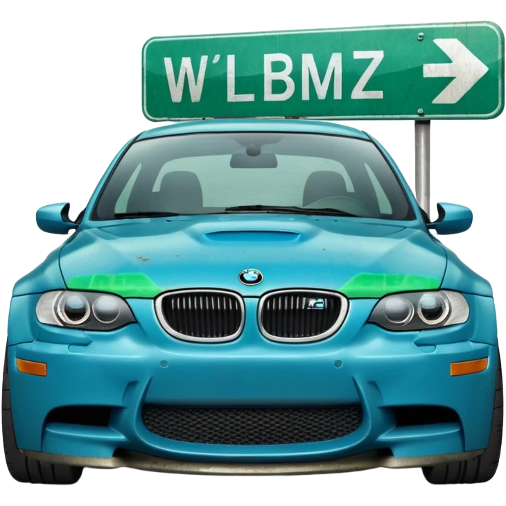 Make me an emoji with a blue bmw M3 and a street sign with W LZR on it emoji