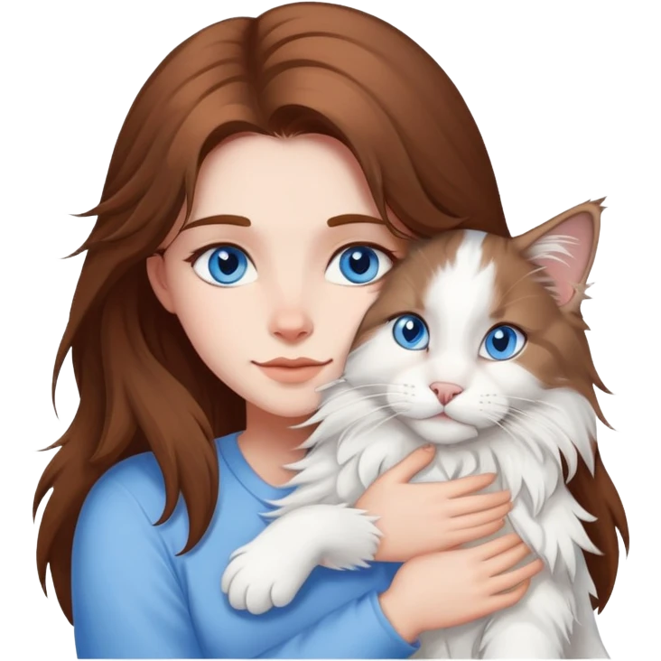 brown hair girl blue eyes hugging a white Maine Coon emoji