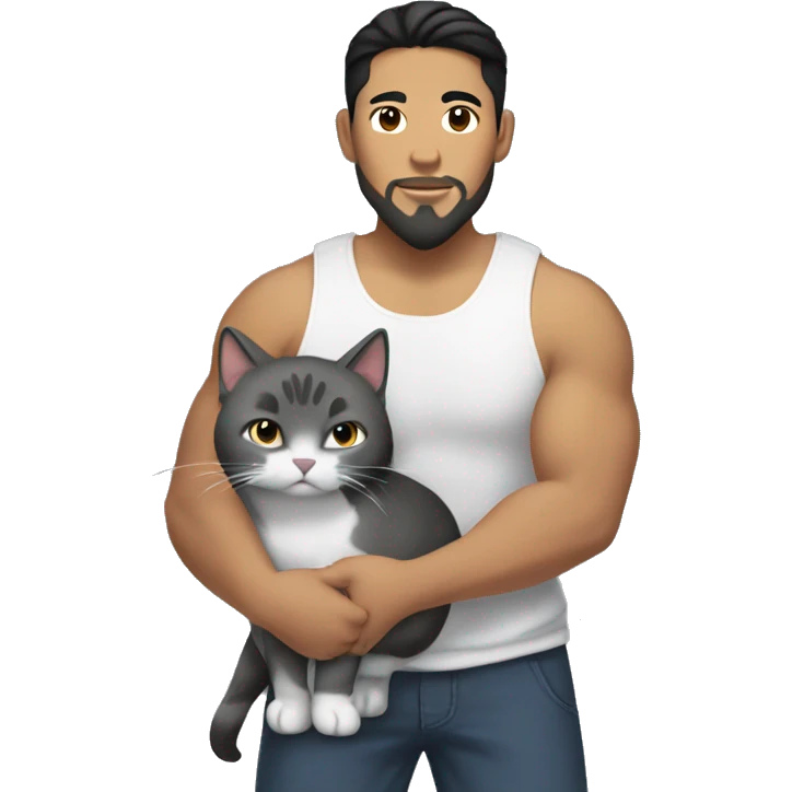 tall big Asian Pilipino man with big muscular calves, beard and man bun holding a cat that is grey and black emoji