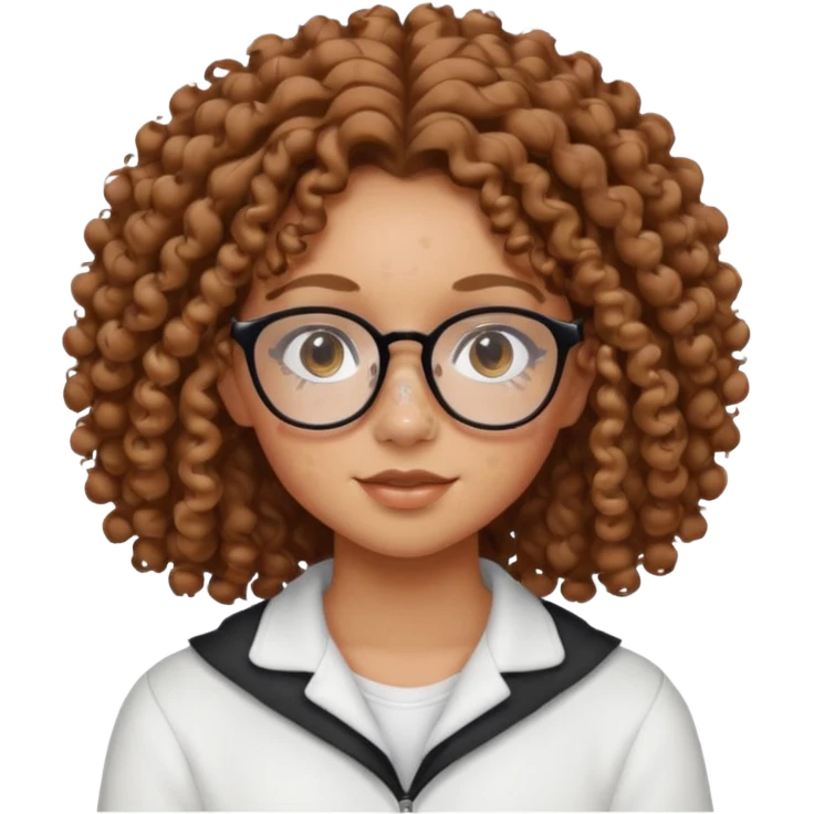 make a really curly hair, teen girl with glasses and little acne that looks like freckles longer like more than shoulder lengthcurly hair, and pretty withe makeup on giving clean girl vibes, and make her have tan skin

 emoji