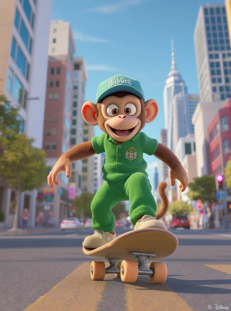 Disney style, Cinematic still scane, Low angle medium shot, monkey dress in green outfit, monkey ride on skateboard, san francisno downtown with city lanscape, blue clean sky, captured by ARRI Alexa XT, soft cinematic lightning, back light, inspired by ToyStory 4 emoji