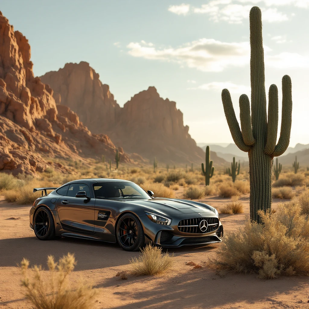 mercedes amg on desert next to cactus faun, cinematic emoji