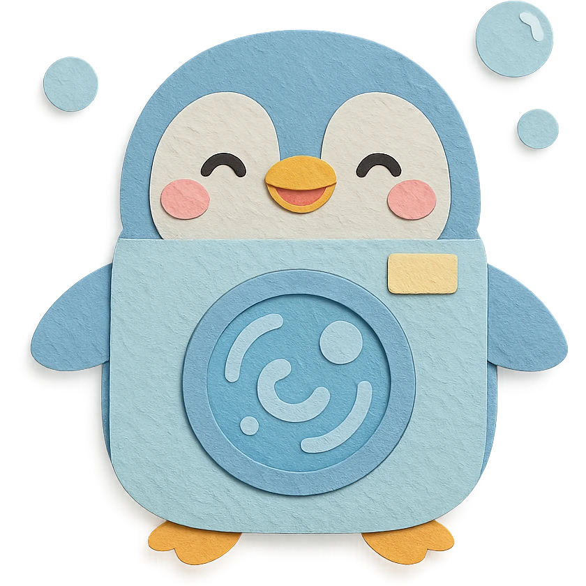 chibi washing machine-penguin hybrid, spinning soap bubbles, happy face, pastel blue, full-body emoji
