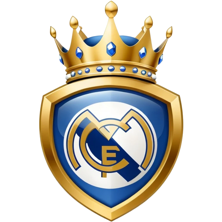 Real Madrid logo, classic shield, colors blue, gold and white, crown on top emoji