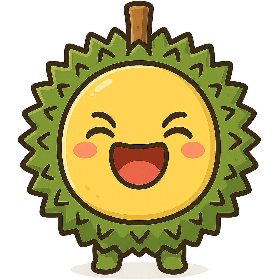 chibi style round durian character with green spiky shell and yellow flesh, laughing with eyes closed and mouth wide open, kawaii style, full-body emoji