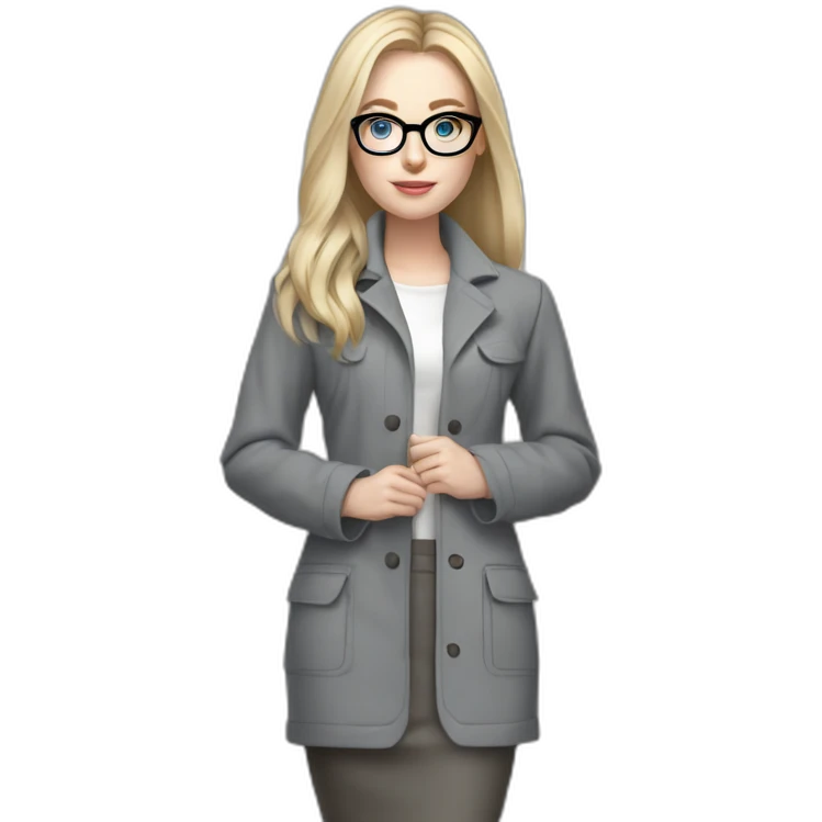 full height pale skin woman with cold blonde straight hair, care haircut, White blouse, Gray oversize jacket, Gray skirt and metal glasses holding a color palette in the hands emoji