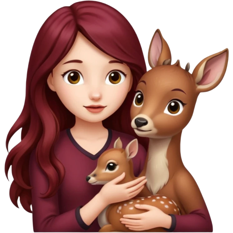 Beautiful burgundy long haired girl petting baby deer emoji