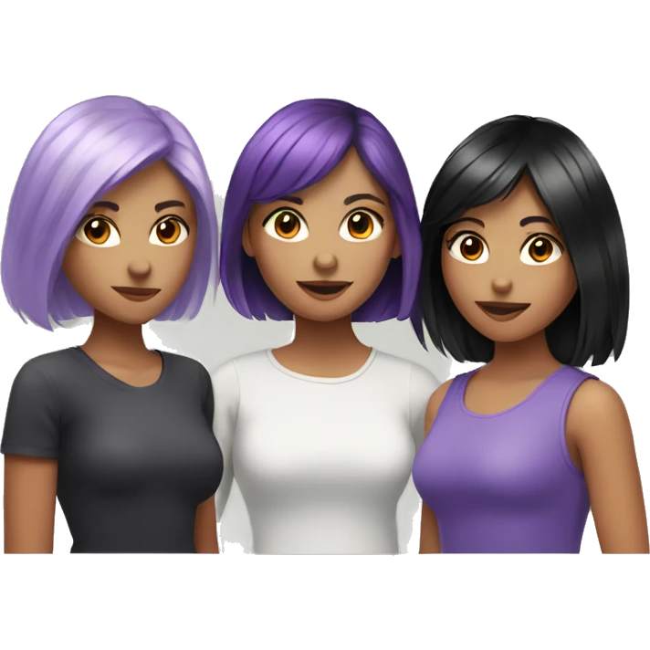Three girls friends with purple-red short hair, black hair long and red long hair emoji