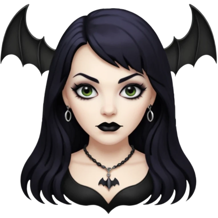 vampira mulher branca com cabelo preto longo com franja acima da sobrancelha e lábios com batom preto com colar preto e pingente de morcego preto emoji