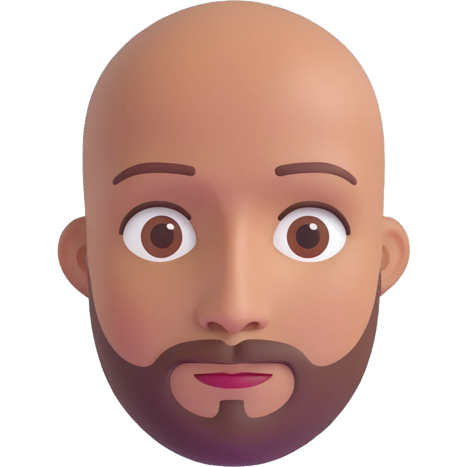 Bald man with smooth oval head, medium-dark reddish skin tone (moreno jambo), indigenous facial features, with sparse thin goatee beard only on chin, memoji style emoji