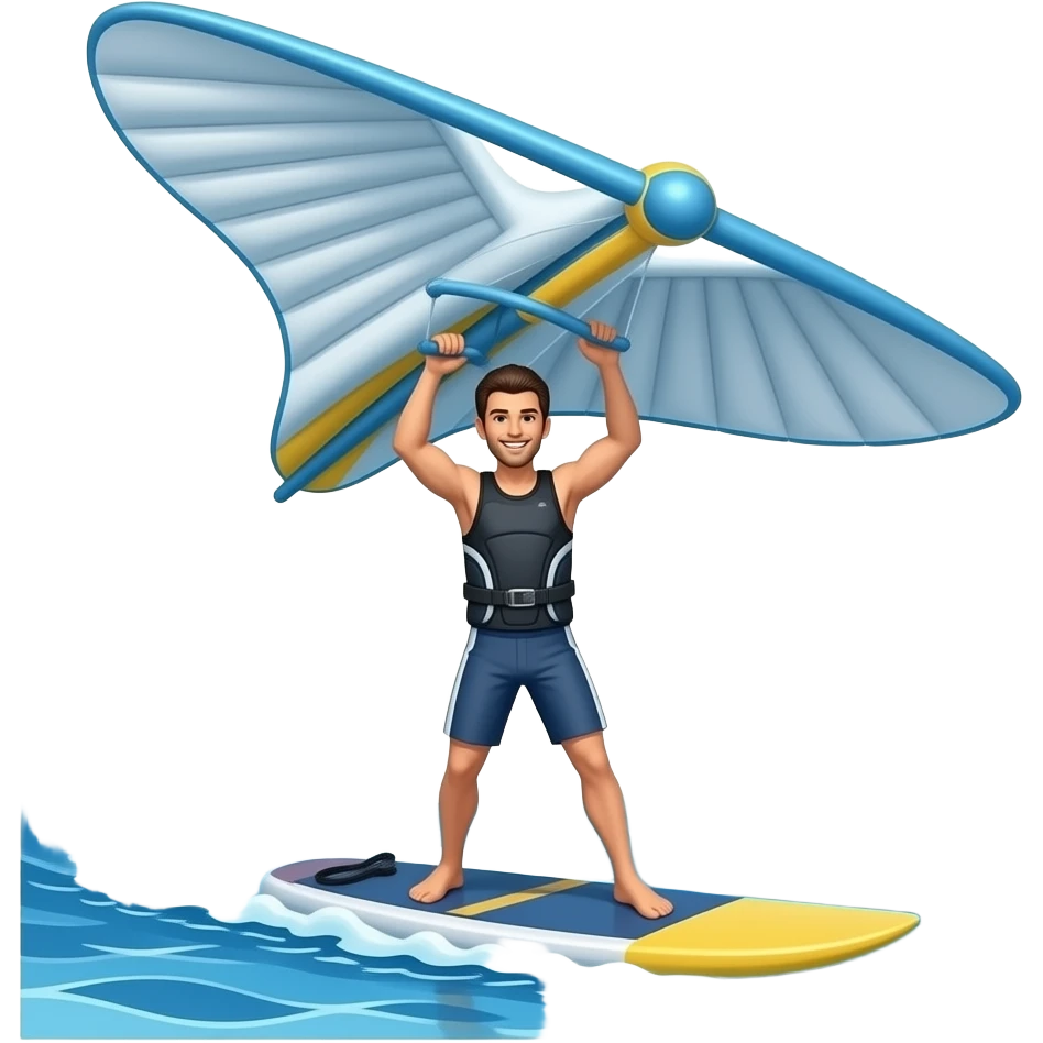 “Emoji de uma pessoa praticando wing foil no mar, em pé sobre uma prancha que parece flutuar acima da água, segurando uma asa inflável (tipo uma pipa de mão). Estilo simples e colorido, igual aos emojis padrão, com ondas azuis e sensação de movimento.” emoji