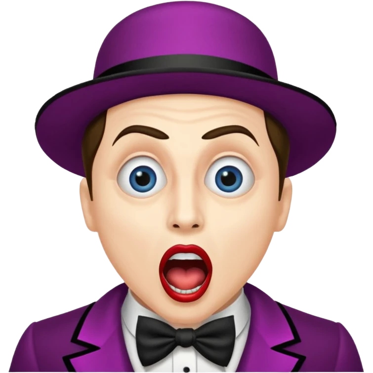 portrait of a cabaret actor with a whitened face and made-up eyes and mouth, his mouth wide open and his gaze shocked emoji