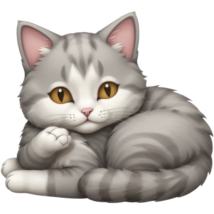 1 grey and white small cat with its eyes closed lying down leaning on his elbow with his paw curled under his head holding it up emoji