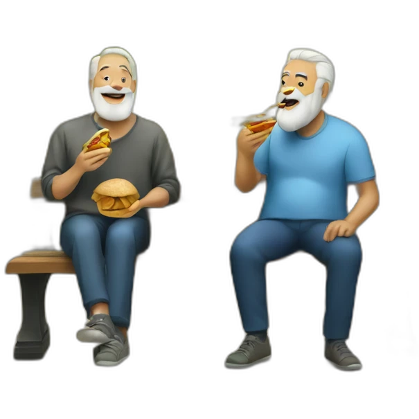 two old beard men eating shawarma on a bench on a park emoji