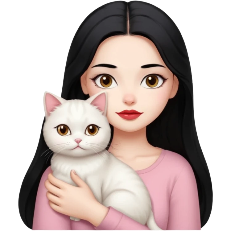 Beautiful Girl Long Hair black, Brows Big , Skin White, Top Pale Pink , Big Red Lips, EyesCoffe , Hug Little baby Persa Cream Cat With Cute Eyes emoji