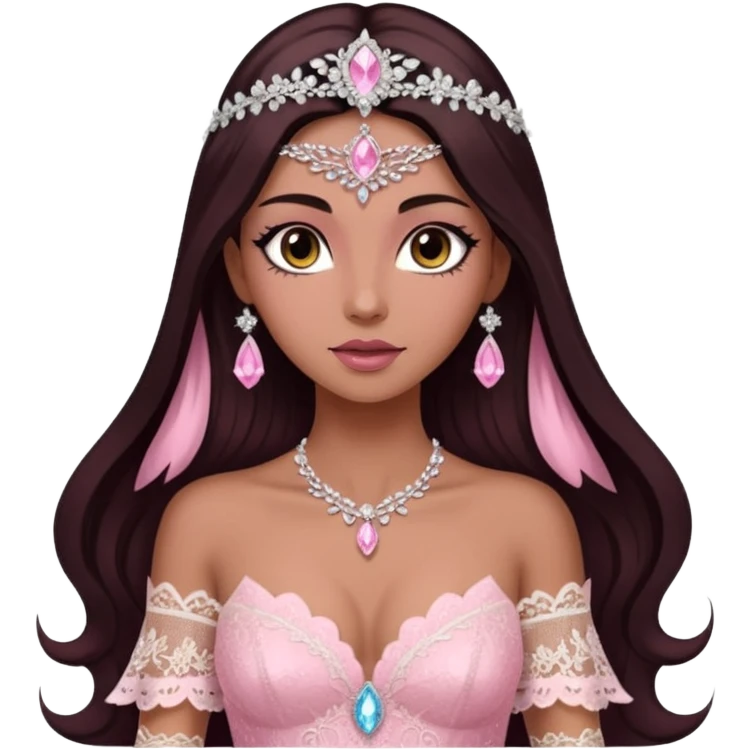 enchantress goddess wearing a embellished shimmering light powder white lace and swarovski pink gown with tanned skin and super long dark brown hair emoji