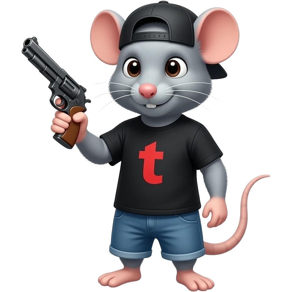 rat but it has a gun and a black tshirt with red text and a,backwards baseball cap emoji