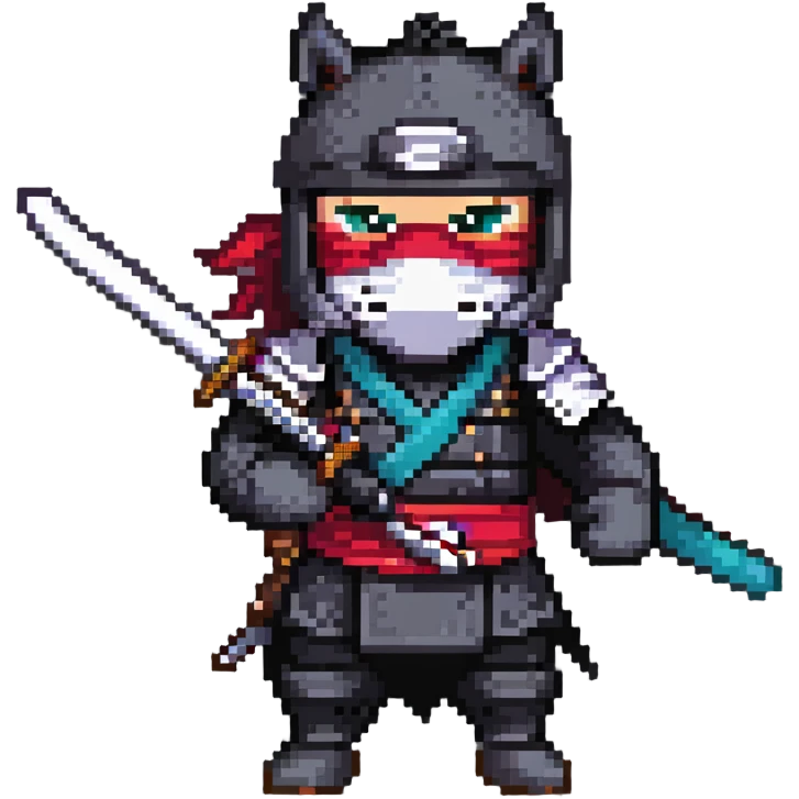 Horse wearing ninja mask and outfit, wielding a katana emoji