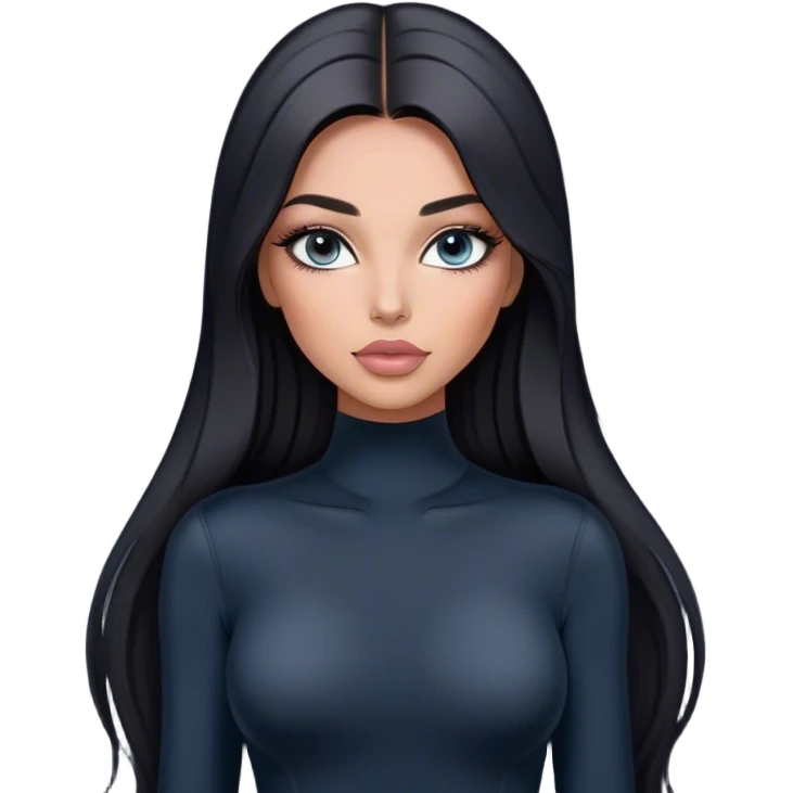 Glamours, tanned, very beautiful girl, with big pump peach-beige-rose lips, long long lashes, black straight smooth silky long hair, straight parting hair, blue-grey eyes in black long-sleeves bodysuit emoji