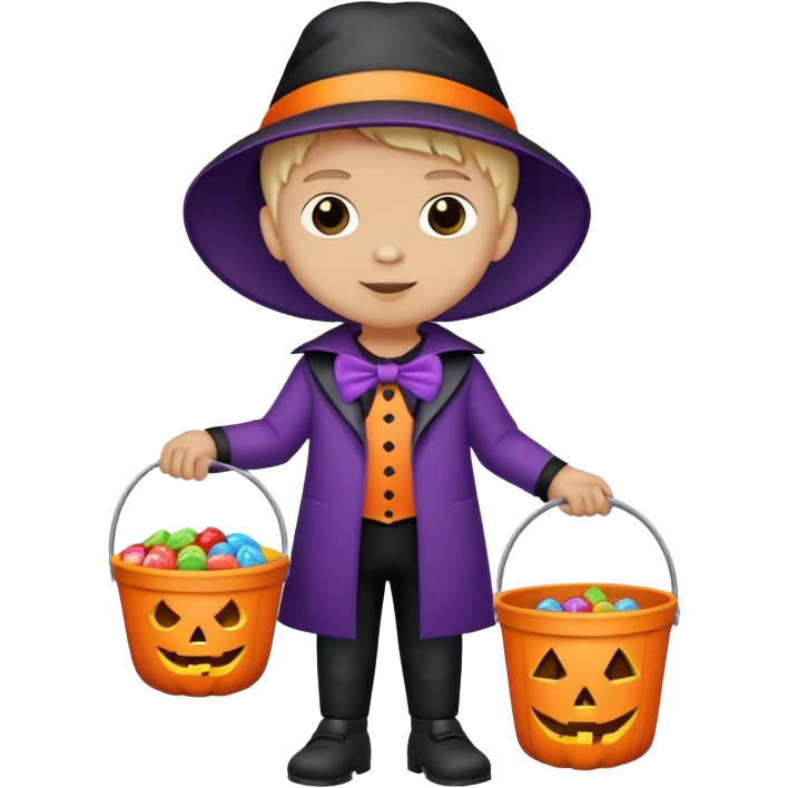 child trick-or-treating in a Halloween costume, holding a candy bucket emoji