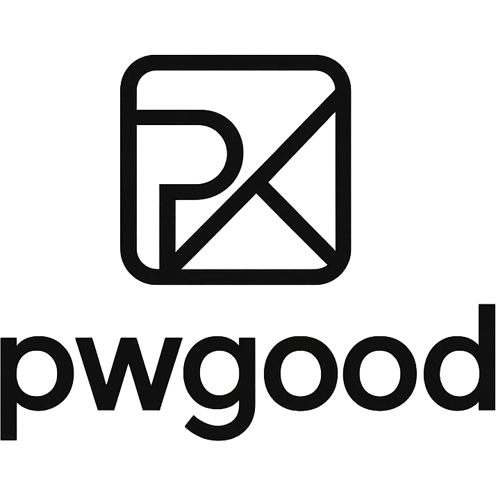 minimalist logo for 'pwgood' featuring an abstract symbol with clean lines, black and white color scheme emoji