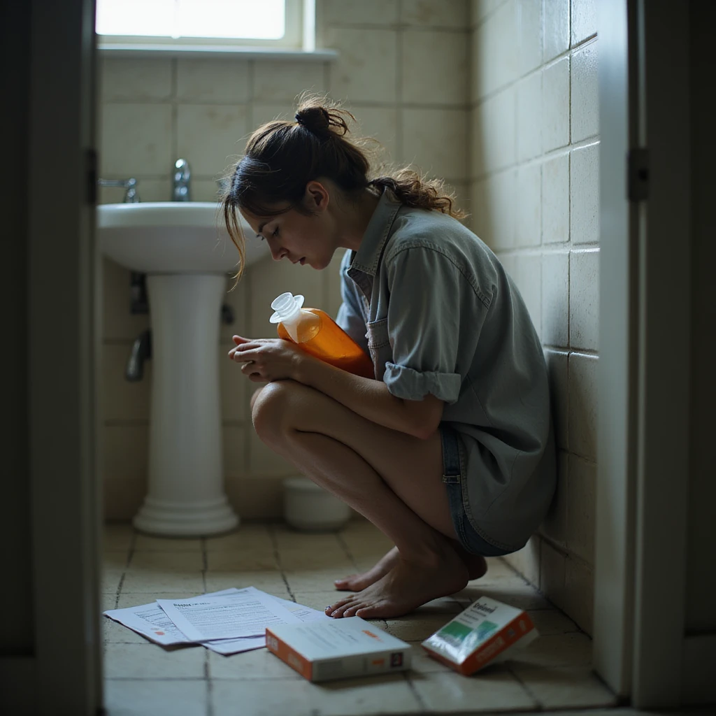 hyperrealistic 4K image of a woman crouched near the bathroom sink, holding a hot water bottle, medical reports with 'Crohn' and discarded biologic drug box on the floor, expression of pain and exhaustion, hyperrealistic atmosphere emoji