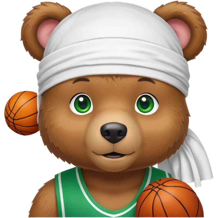 Cute brown bear with green eyes wearing a white durag and a basketball jersey visible only up to the shoulders, iOS emoji style emoji
