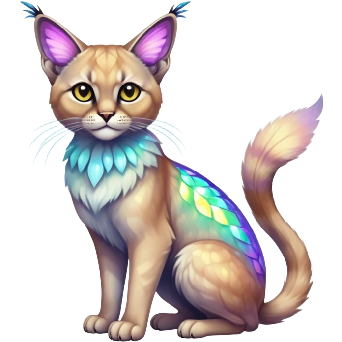 Colorful Neon exotic ethereal iridescent tropical shiny Fantasy-Siamese-Bobcat-Caracal-Moth-Scottish-Fold-feline-Fakémon-feline-hybrid (full body) emoji
